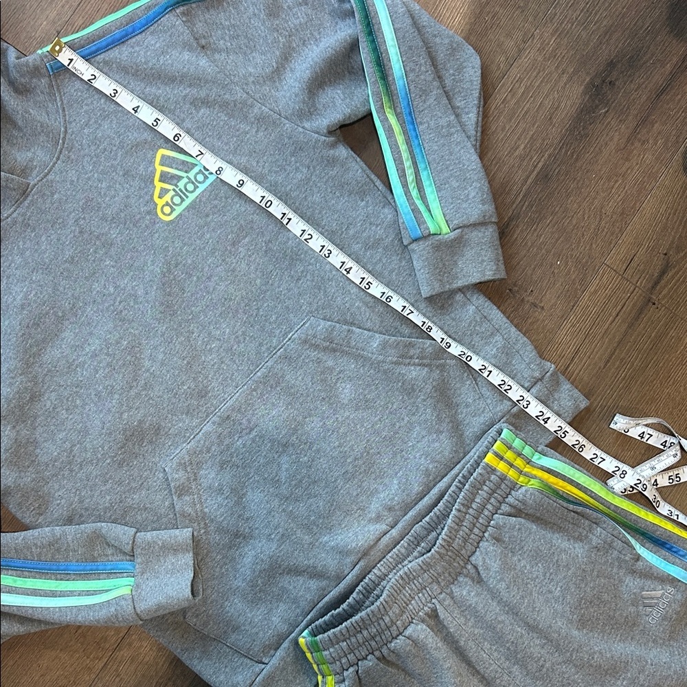 adidas Gray Hoodie and Joggers Set with Teal and Yellow Stripes !! Size large - Picture 2 of 9